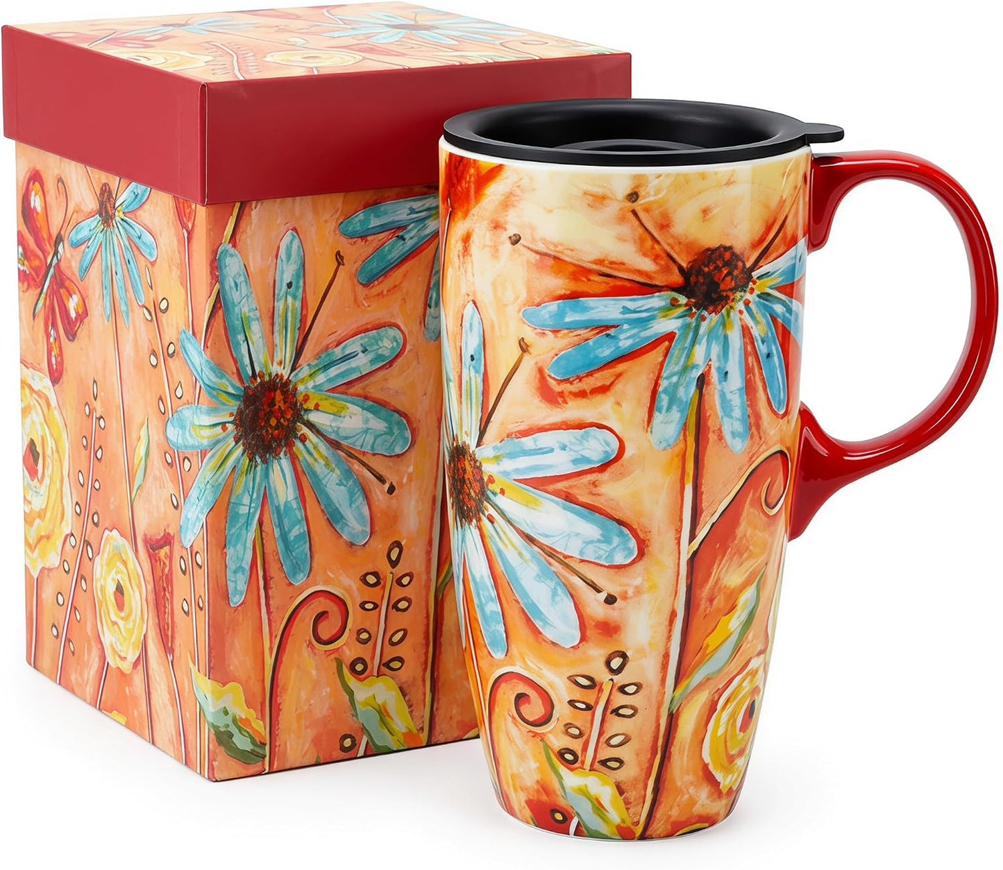 17 oz Ceramic Travel Mug, Colorful Floral Coffee Mug with Lid | 17 oz Ceramic Travel Mug • Microwave & Dishwasher Safe • Handle • Gift Box Included