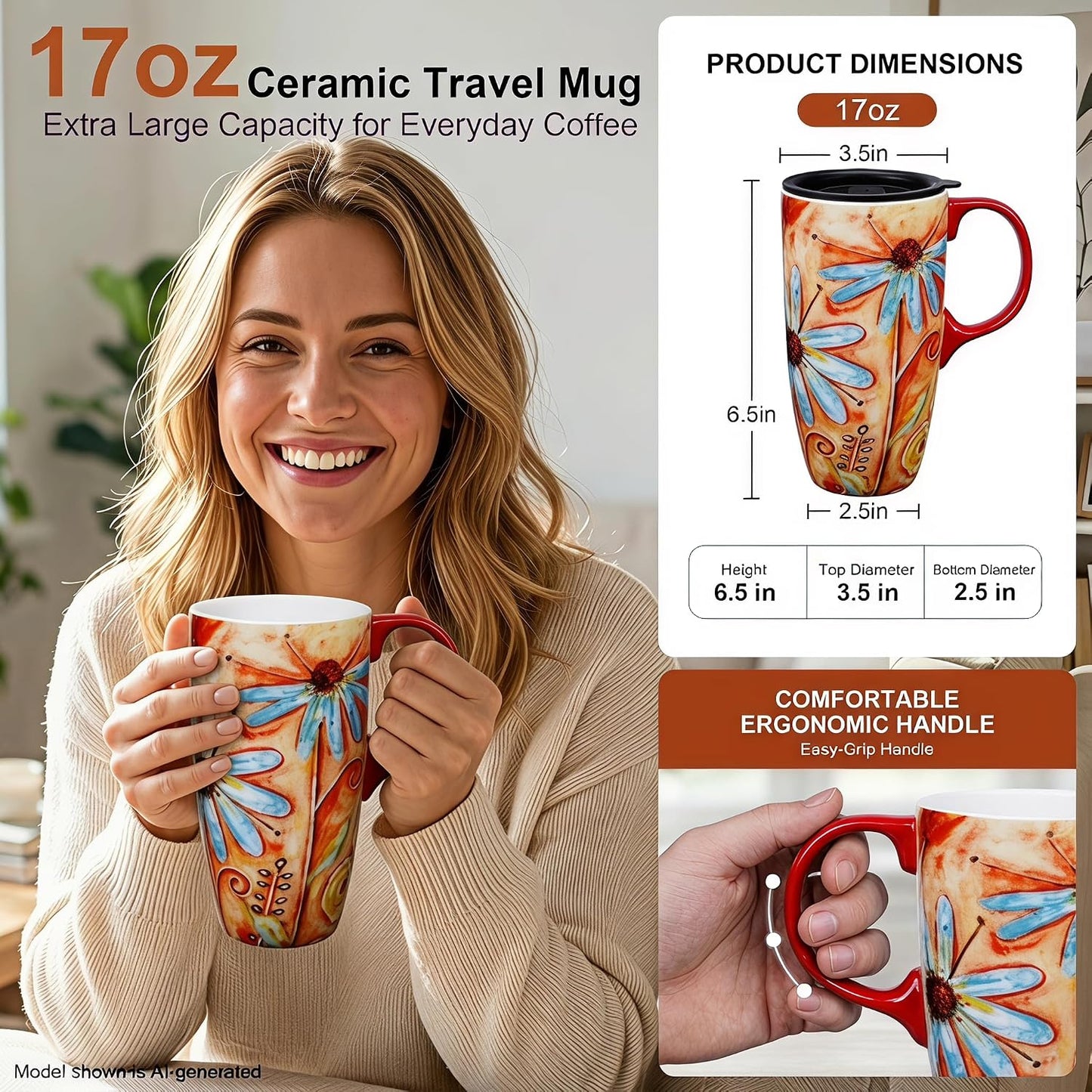 17 oz Ceramic Travel Mug, Colorful Floral Coffee Mug with Lid | 17 oz Ceramic Travel Mug • Microwave & Dishwasher Safe • Handle • Gift Box Included