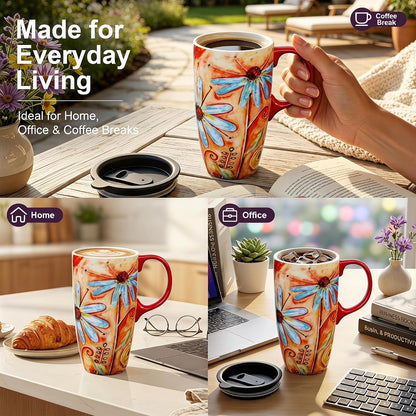 17 oz Ceramic Travel Mug, Colorful Floral Coffee Mug with Lid | 17 oz Ceramic Travel Mug • Microwave & Dishwasher Safe • Handle • Gift Box Included