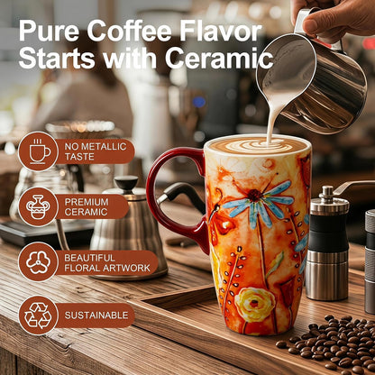 17 oz Ceramic Travel Mug, Colorful Floral Coffee Mug with Lid | 17 oz Ceramic Travel Mug • Microwave & Dishwasher Safe • Handle • Gift Box Included