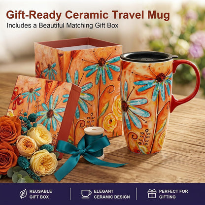 17 oz Ceramic Travel Mug, Colorful Floral Coffee Mug with Lid | 17 oz Ceramic Travel Mug • Microwave & Dishwasher Safe • Handle • Gift Box Included