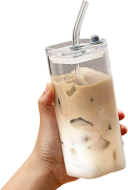 14oz Square Glass Texture Tumblers with Lids and Straws, Heat Resistant Clear Plastic Drinking Cup, 400ML Reusable Square Cup for Coffee Juice Milk Home Office School Outdoor Use (1PC-A)