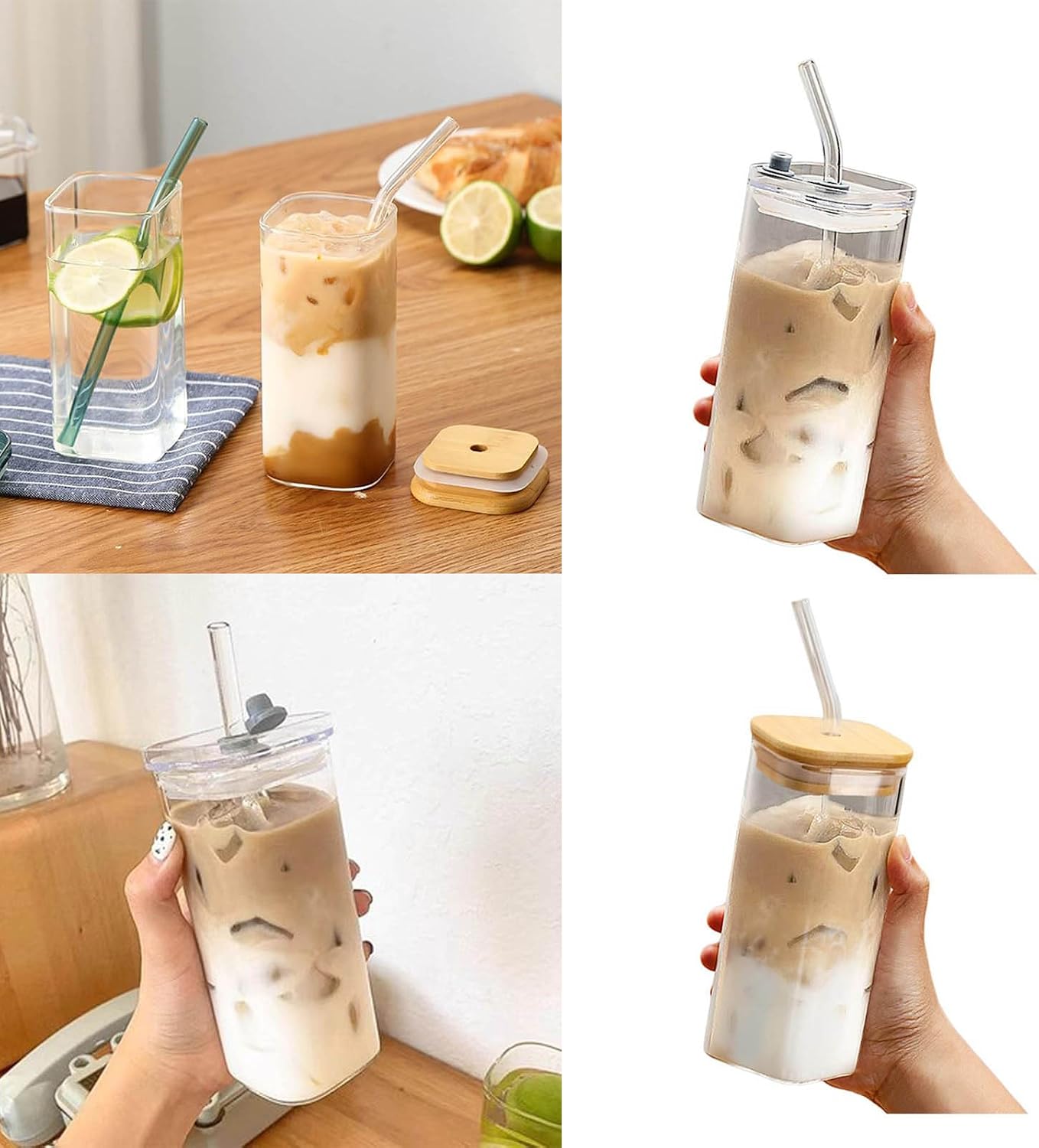 14oz Square Glass Texture Tumblers with Lids and Straws, Heat Resistant Clear Plastic Drinking Cup, 400ML Reusable Square Cup for Coffee Juice Milk Home Office School Outdoor Use (1PC-A)