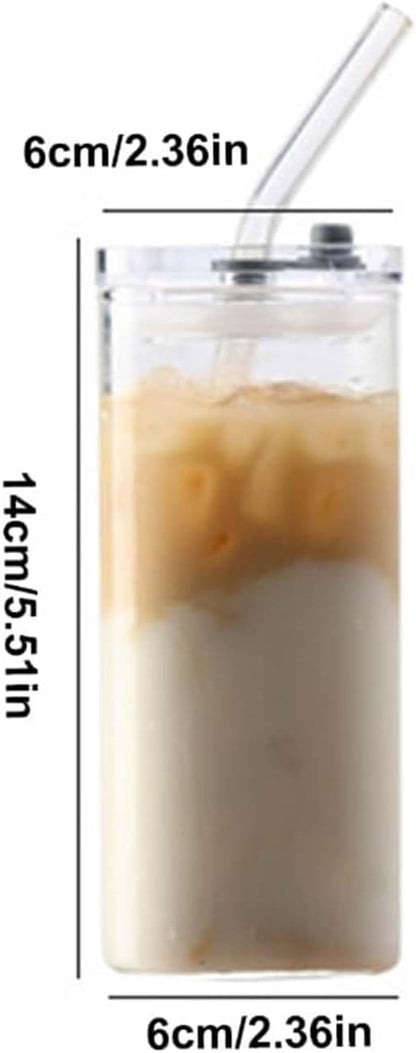 14oz Square Glass Texture Tumblers with Lids and Straws, Heat Resistant Clear Plastic Drinking Cup, 400ML Reusable Square Cup for Coffee Juice Milk Home Office School Outdoor Use (1PC-A)