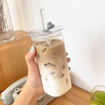 14oz Square Glass Texture Tumblers with Lids and Straws, Heat Resistant Clear Plastic Drinking Cup, 400ML Reusable Square Cup for Coffee Juice Milk Home Office School Outdoor Use (1PC-A)