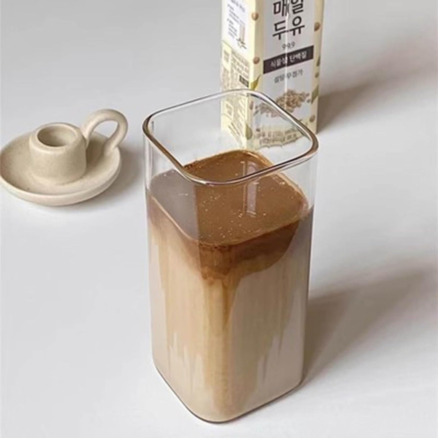 14oz Square Glass Texture Tumblers with Lids and Straws, Heat Resistant Clear Plastic Drinking Cup, 400ML Reusable Square Cup for Coffee Juice Milk Home Office School Outdoor Use (1PC-A)