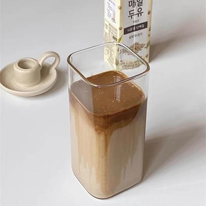 14oz Square Glass Texture Tumblers with Lids and Straws, Heat Resistant Clear Plastic Drinking Cup, 400ML Reusable Square Cup for Coffee Juice Milk Home Office School Outdoor Use (1PC-A)