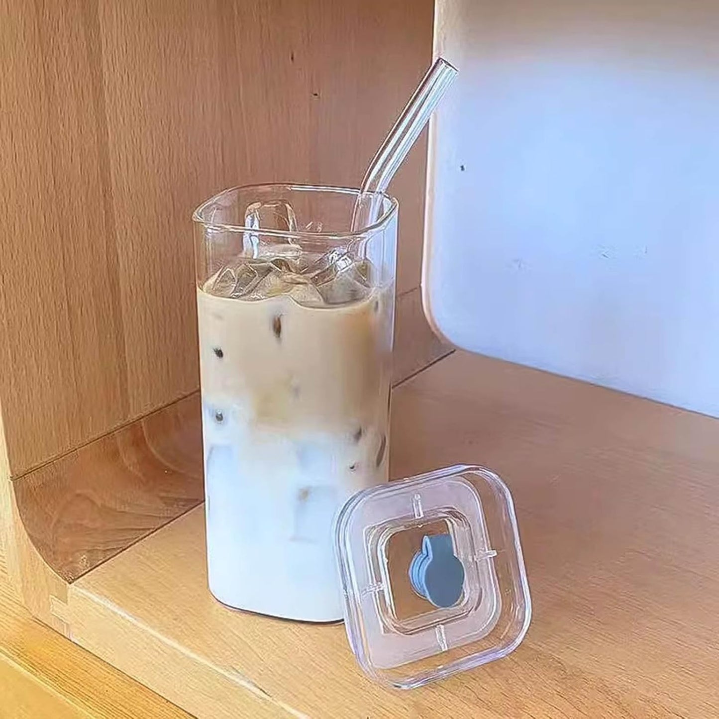 14oz Square Glass Texture Tumblers with Lids and Straws, Heat Resistant Clear Plastic Drinking Cup, 400ML Reusable Square Cup for Coffee Juice Milk Home Office School Outdoor Use (1PC-A)