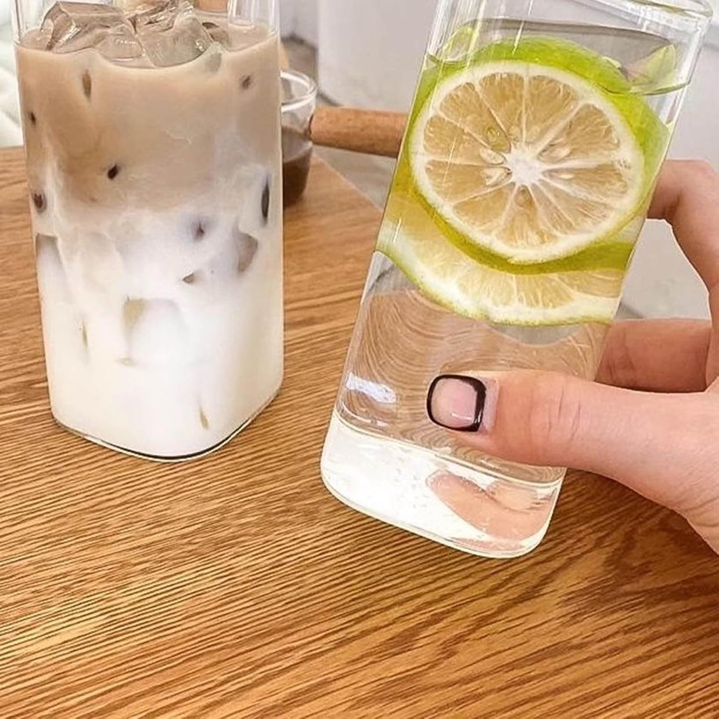 14oz Square Glass Texture Tumblers with Lids and Straws, Heat Resistant Clear Plastic Drinking Cup, 400ML Reusable Square Cup for Coffee Juice Milk Home Office School Outdoor Use (1PC-A)