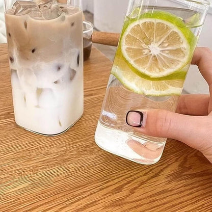 14oz Square Glass Texture Tumblers with Lids and Straws, Heat Resistant Clear Plastic Drinking Cup, 400ML Reusable Square Cup for Coffee Juice Milk Home Office School Outdoor Use (1PC-A)