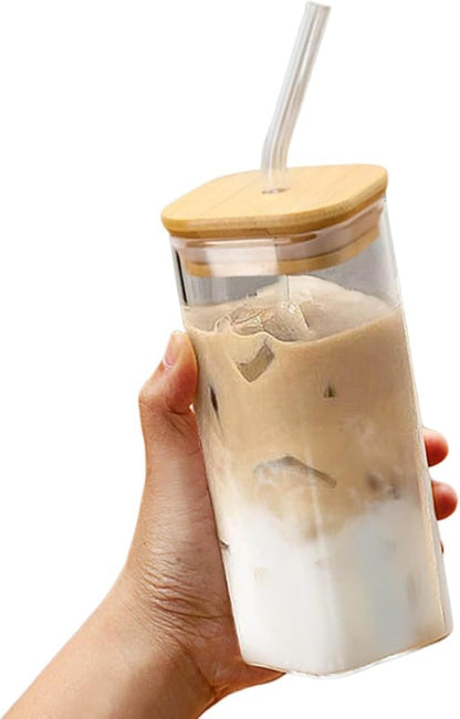 14oz Square Glass Texture Tumblers with Lids and Straws, Heat Resistant Clear Plastic Drinking Cup, 400ML Reusable Square Cup for Coffee Juice Milk Home Office School Outdoor Use (1PC-A)