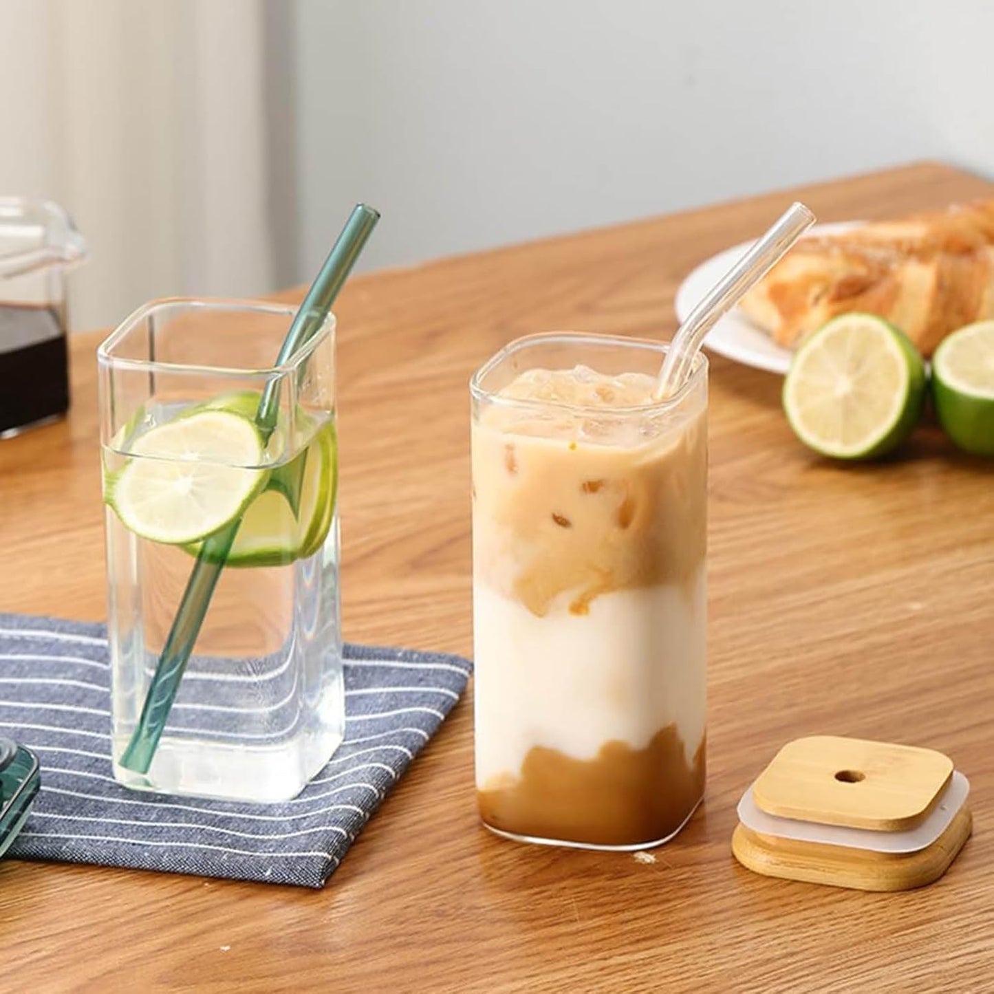 14oz Square Glass Texture Tumblers with Lids and Straws, Heat Resistant Clear Plastic Drinking Cup, 400ML Reusable Square Cup for Coffee Juice Milk Home Office School Outdoor Use (1PC-A)