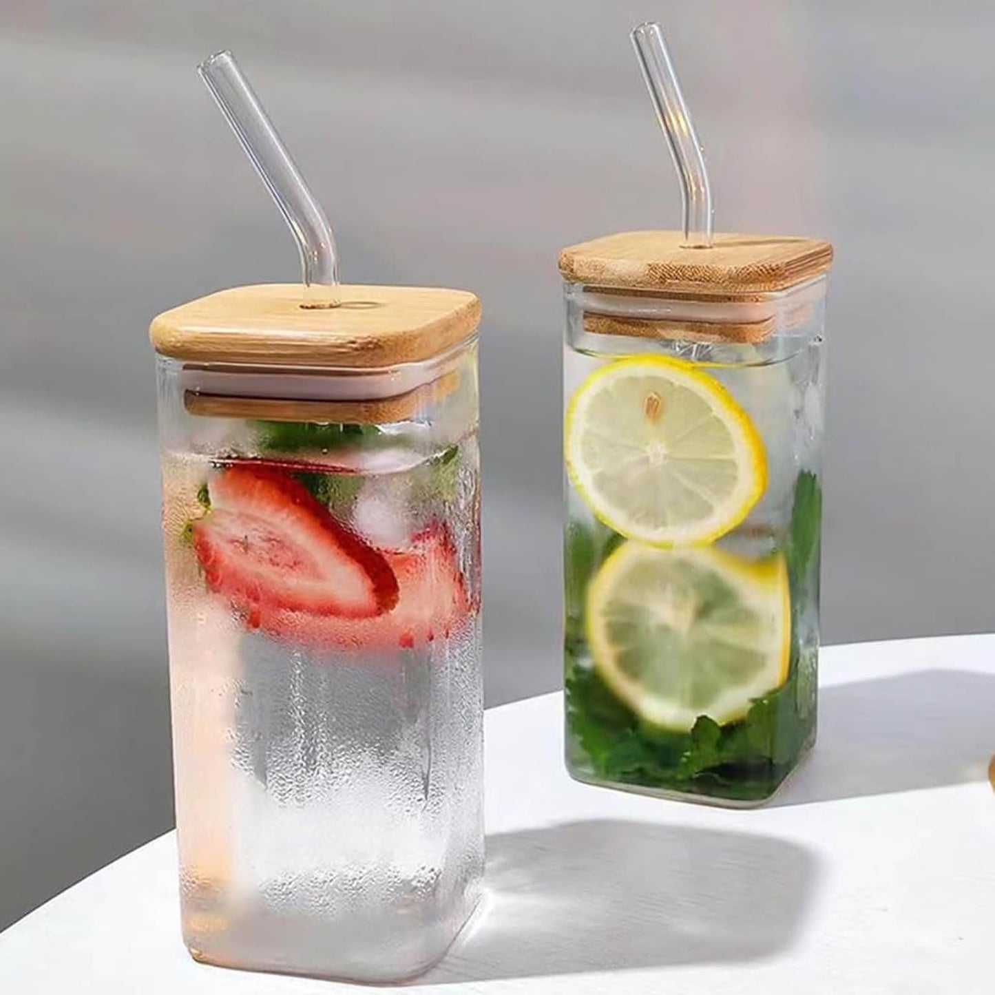 14oz Square Glass Texture Tumblers with Lids and Straws, Heat Resistant Clear Plastic Drinking Cup, 400ML Reusable Square Cup for Coffee Juice Milk Home Office School Outdoor Use (1PC-A)