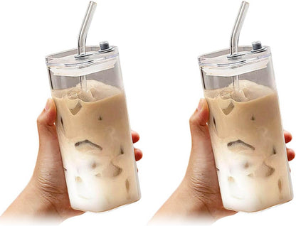 14oz Square Glass Texture Tumblers with Lids and Straws, Heat Resistant Clear Plastic Drinking Cup, 400ML Reusable Square Cup for Coffee Juice Milk Home Office School Outdoor Use (1PC-A)