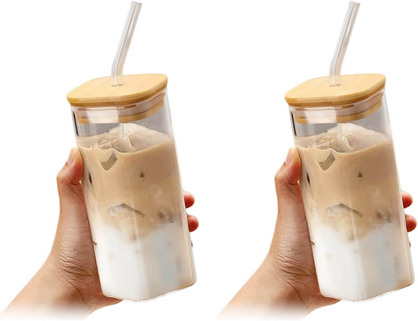 14oz Square Glass Texture Tumblers with Lids and Straws, Heat Resistant Clear Plastic Drinking Cup, 400ML Reusable Square Cup for Coffee Juice Milk Home Office School Outdoor Use (1PC-A)
