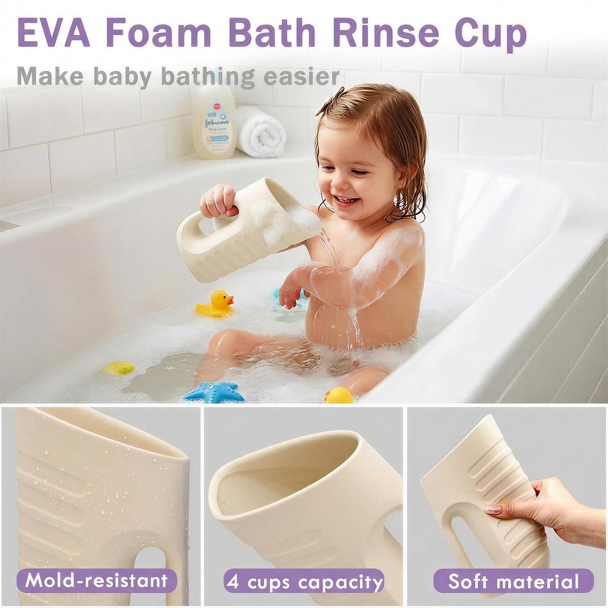 Baby Bath Rinse Cup & Rinser – 1000ml Soft EVA, 0.3lb Lightweight, BPA-Free Bath Water Pourer, Baby Bath Pitcher, Shower Cup for Kids (Pink)