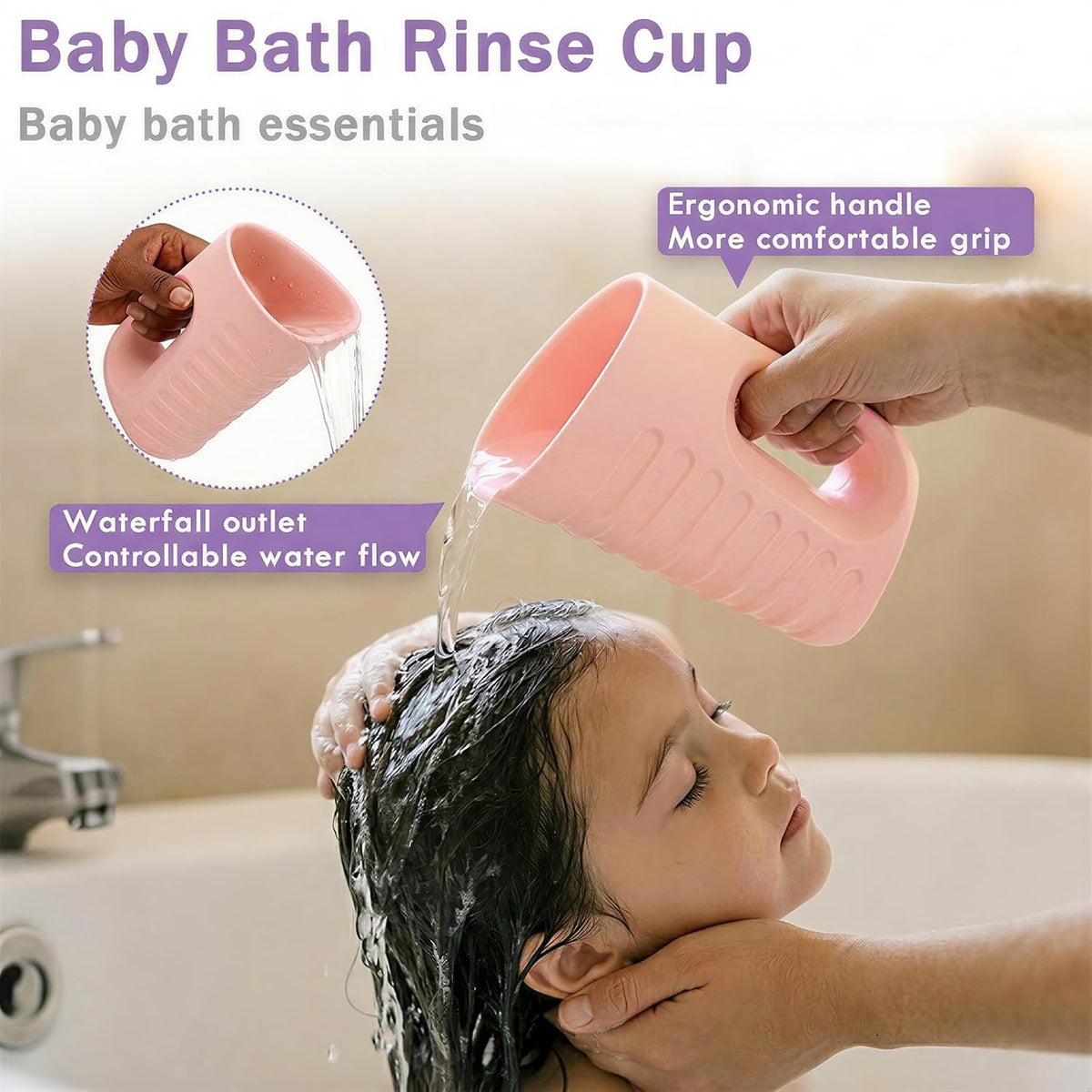 Baby Bath Rinse Cup & Rinser – 1000ml Soft EVA, 0.3lb Lightweight, BPA-Free Bath Water Pourer, Baby Bath Pitcher, Shower Cup for Kids (Pink)