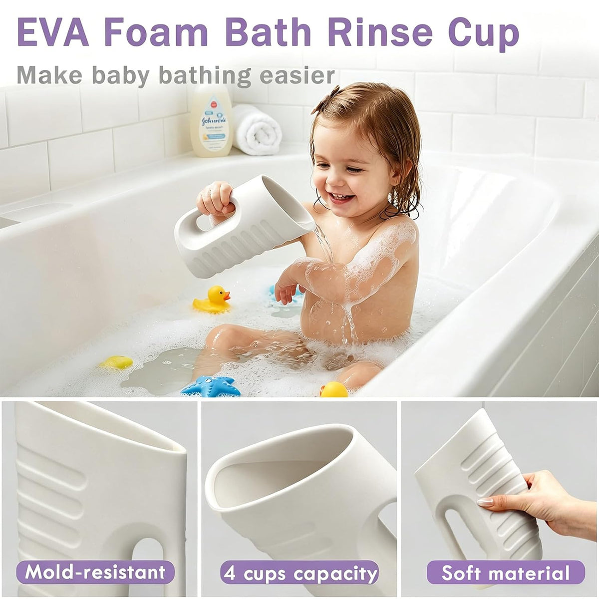Baby Bath Rinse Cup & Rinser – 1000ml Soft EVA, 0.3lb Lightweight, BPA-Free Bath Water Pourer, Baby Bath Pitcher, Shower Cup for Kids (Pink)