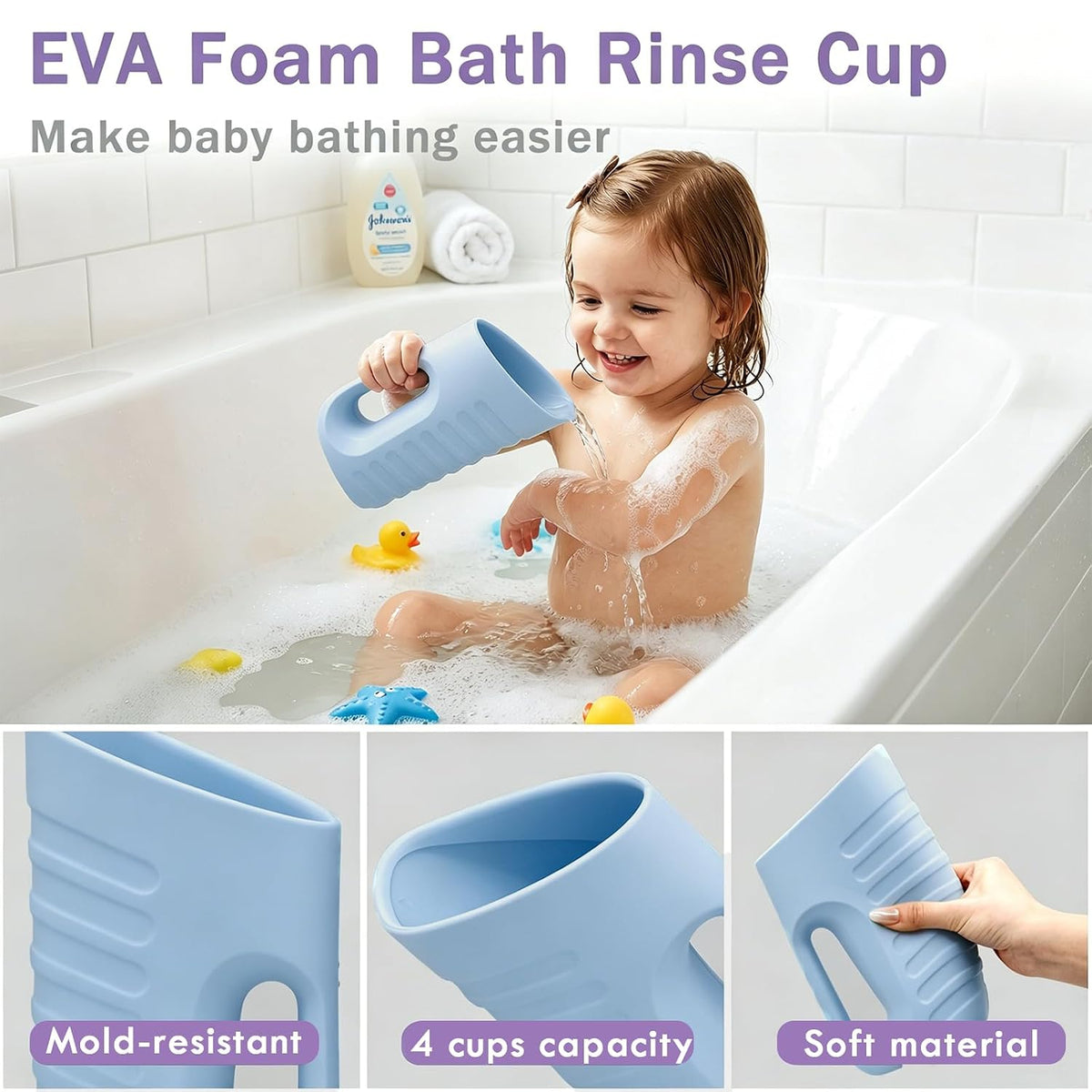 Baby Bath Rinse Cup & Rinser – 1000ml Soft EVA, 0.3lb Lightweight, BPA-Free Bath Water Pourer, Baby Bath Pitcher, Shower Cup for Kids (Pink)