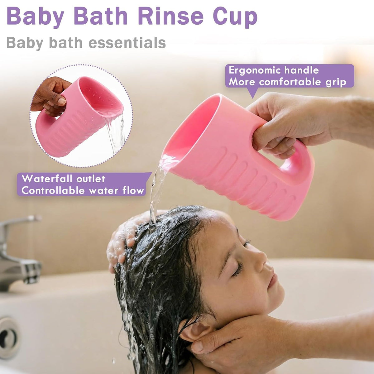 Baby Bath Rinse Cup & Rinser – 1000ml Soft EVA, 0.3lb Lightweight, BPA-Free Bath Water Pourer, Baby Bath Pitcher, Shower Cup for Kids (Pink)