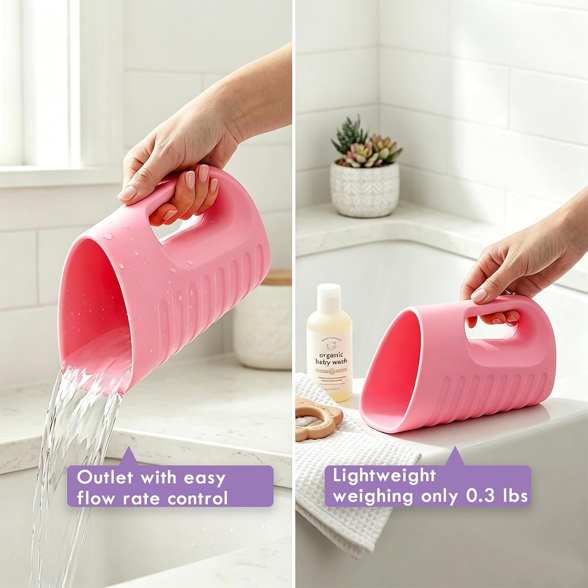 Baby Bath Rinse Cup & Rinser – 1000ml Soft EVA, 0.3lb Lightweight, BPA-Free Bath Water Pourer, Baby Bath Pitcher, Shower Cup for Kids (Pink)