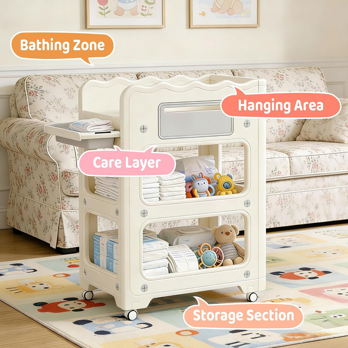 Baby Changing Table, with Lockable Wheels Foldable Portable Diaper Station, Waterproof Nursery Unit for Newborn Infant Essentials Storage Baskets & Cradle Travel-Friendly Easy-Clean Surface Compact