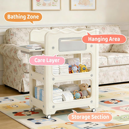 Baby Changing Table, with Lockable Wheels Foldable Portable Diaper Station, Waterproof Nursery Unit for Newborn Infant Essentials Storage Baskets & Cradle Travel-Friendly Easy-Clean Surface Compact
