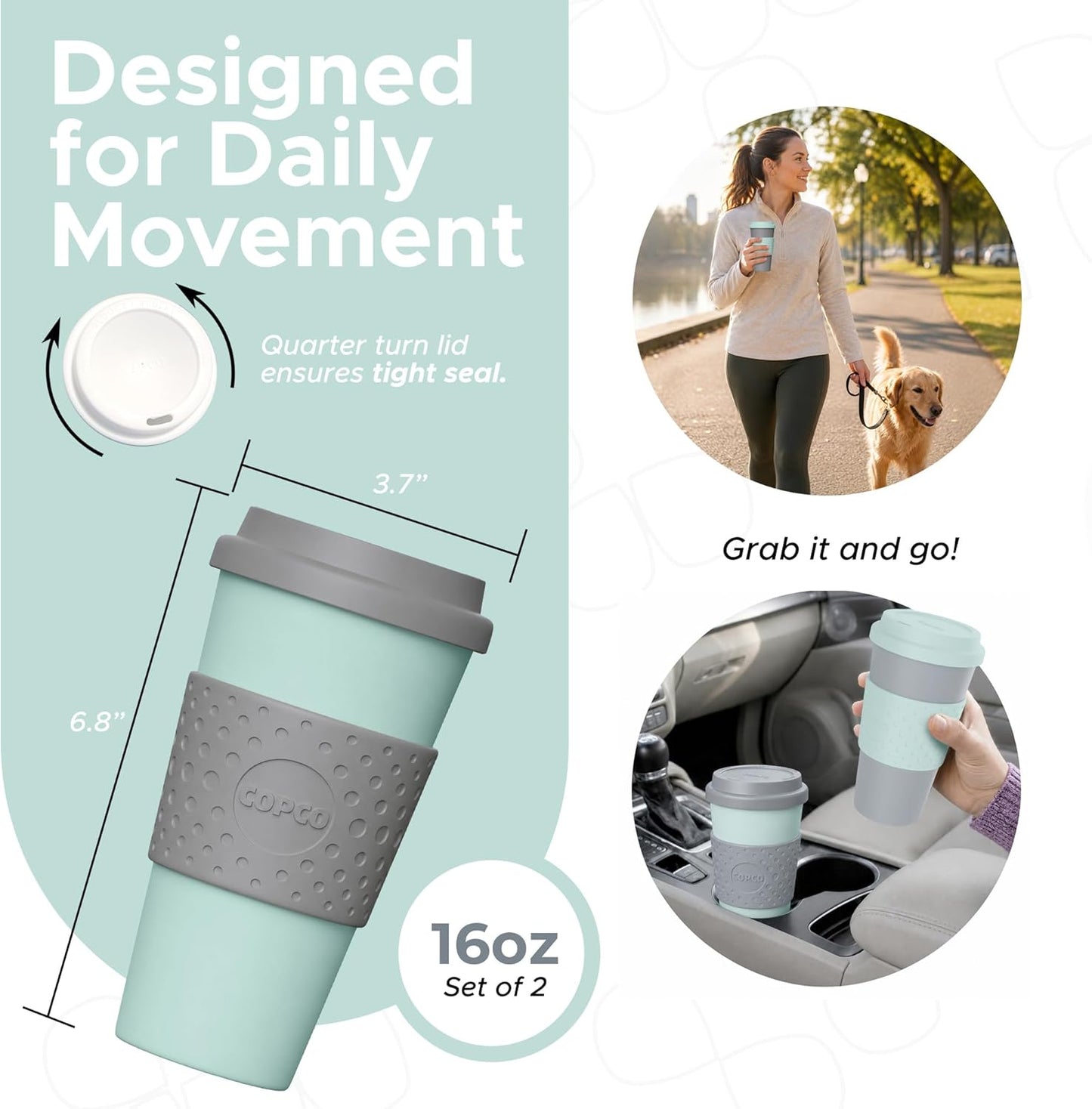 Acadia Travel Mug, 16 Oz - Aqua & Gray, Set of 2