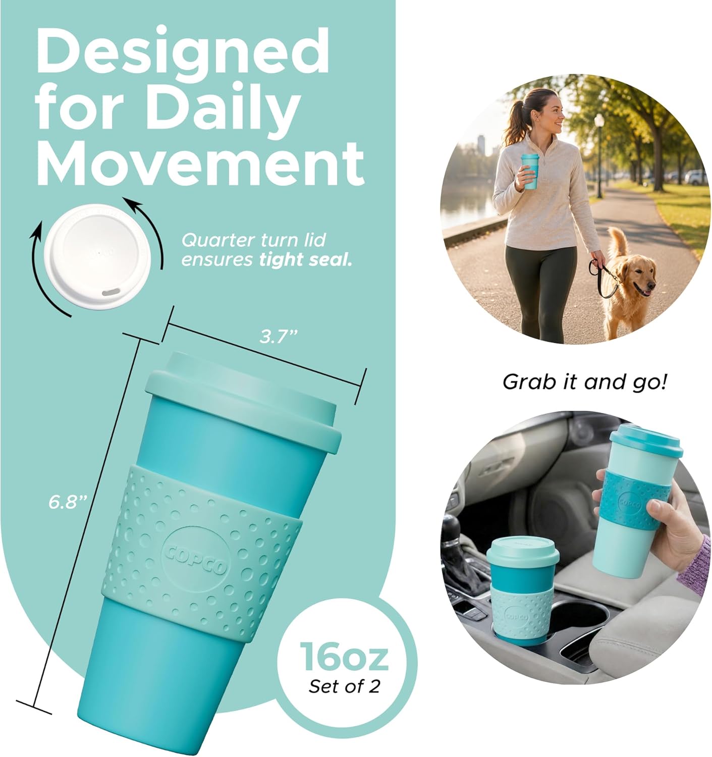 Acadia Travel Mug, 16 Oz - Aqua & Gray, Set of 2