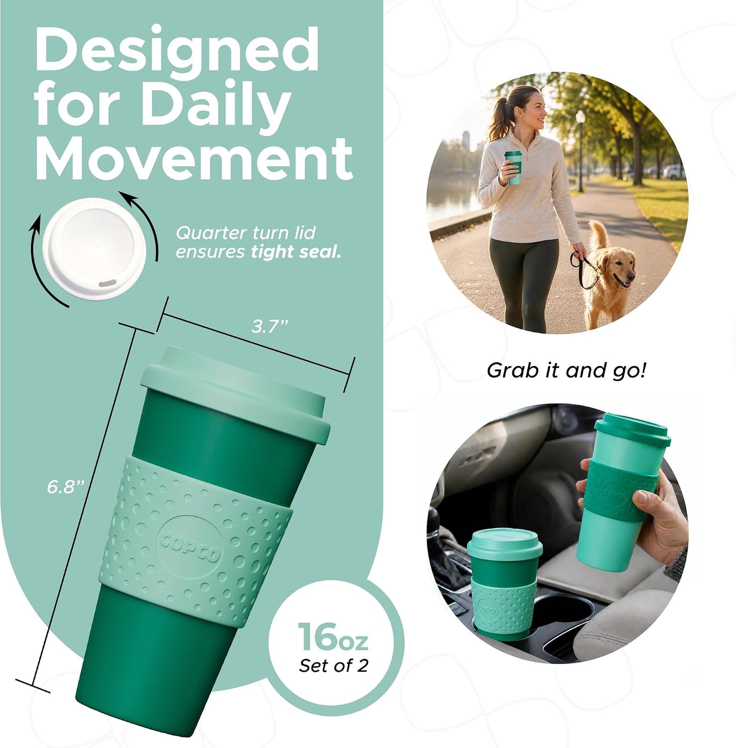 Acadia Travel Mug, 16 Oz - Aqua & Gray, Set of 2