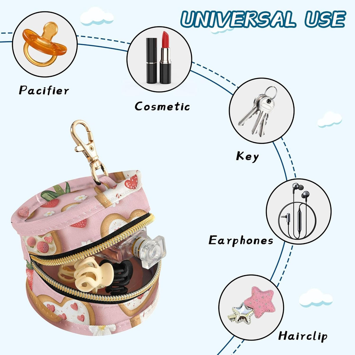 Love Cookies and Strawberries Baby Pacifier Holder Case, Dustproof Portable Storage Box for Diaper Bag Purse, Pacifier Storage Container for Boys & Girls