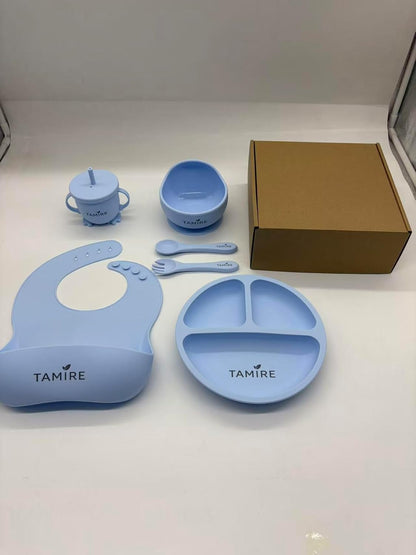 Baby Silicone Feeding Set, 6-Piece Toddler Self Feeding Set with Suction Plate, Bowl, Bib, Sippy Cup, Spoon and Fork, BPA Free (Blue)