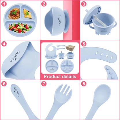 Baby Silicone Feeding Set, 6-Piece Toddler Self Feeding Set with Suction Plate, Bowl, Bib, Sippy Cup, Spoon and Fork, BPA Free (Blue)
