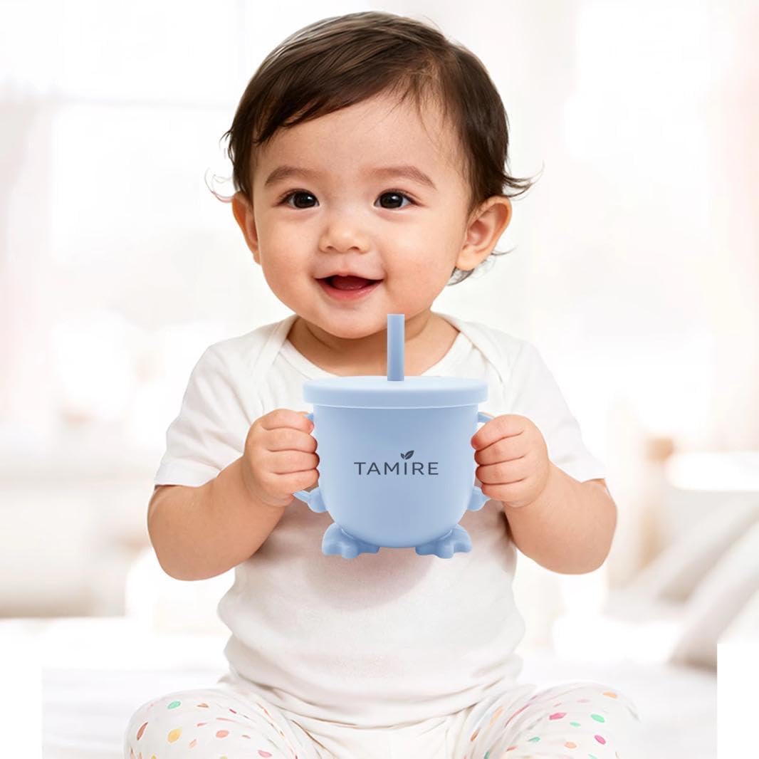 Baby Silicone Feeding Set, 6-Piece Toddler Self Feeding Set with Suction Plate, Bowl, Bib, Sippy Cup, Spoon and Fork, BPA Free (Blue)