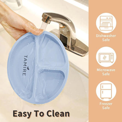 Baby Silicone Feeding Set, 6-Piece Toddler Self Feeding Set with Suction Plate, Bowl, Bib, Sippy Cup, Spoon and Fork, BPA Free (Blue)