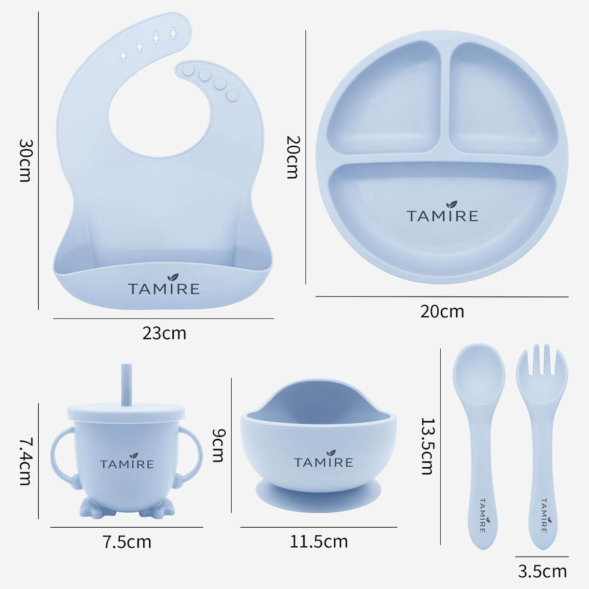 Baby Silicone Feeding Set, 6-Piece Toddler Self Feeding Set with Suction Plate, Bowl, Bib, Sippy Cup, Spoon and Fork, BPA Free (Blue)