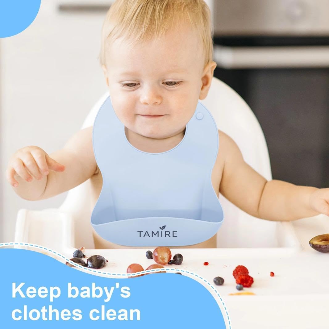 Baby Silicone Feeding Set, 6-Piece Toddler Self Feeding Set with Suction Plate, Bowl, Bib, Sippy Cup, Spoon and Fork, BPA Free (Blue)