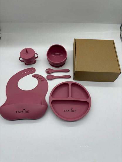 Baby Silicone Feeding Set, 6-Piece Toddler Self Feeding Set with Suction Plate, Bowl, Bib, Sippy Cup, Spoon and Fork, BPA Free (Blue)