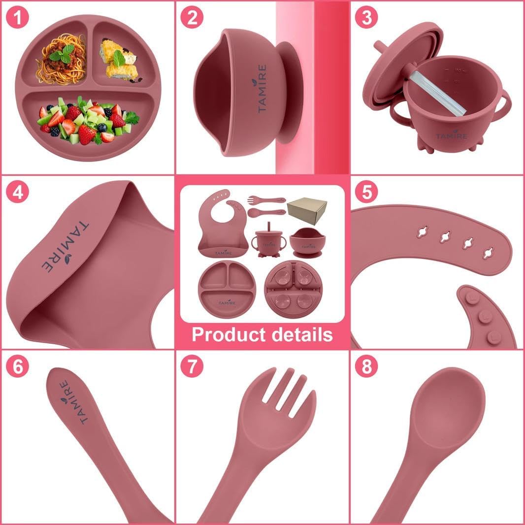 Baby Silicone Feeding Set, 6-Piece Toddler Self Feeding Set with Suction Plate, Bowl, Bib, Sippy Cup, Spoon and Fork, BPA Free (Blue)