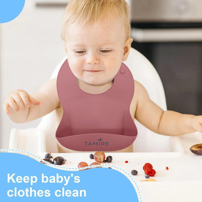 Baby Silicone Feeding Set, 6-Piece Toddler Self Feeding Set with Suction Plate, Bowl, Bib, Sippy Cup, Spoon and Fork, BPA Free (Blue)