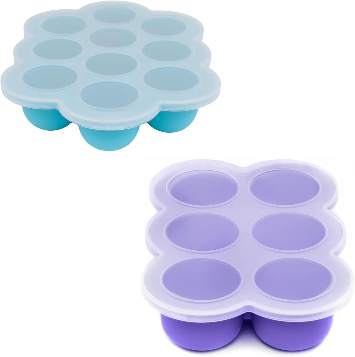 Silicone Baby Food Freezer Trays 2-Pack Bundle - Ten 1.5oz & Six 3oz Portions - Clip-on Lids - Homemade Purée & Breast Milk Storage