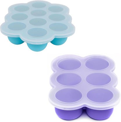 Silicone Baby Food Freezer Trays 2-Pack Bundle - Ten 1.5oz & Six 3oz Portions - Clip-on Lids - Homemade Purée & Breast Milk Storage