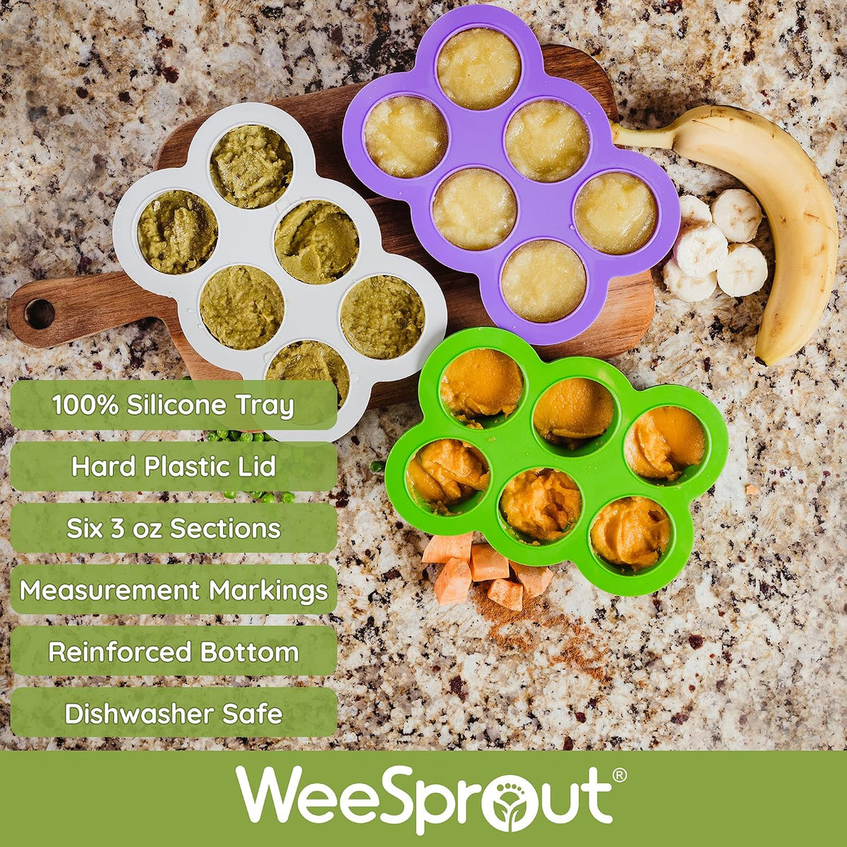Silicone Baby Food Freezer Trays 2-Pack Bundle - Ten 1.5oz & Six 3oz Portions - Clip-on Lids - Homemade Purée & Breast Milk Storage