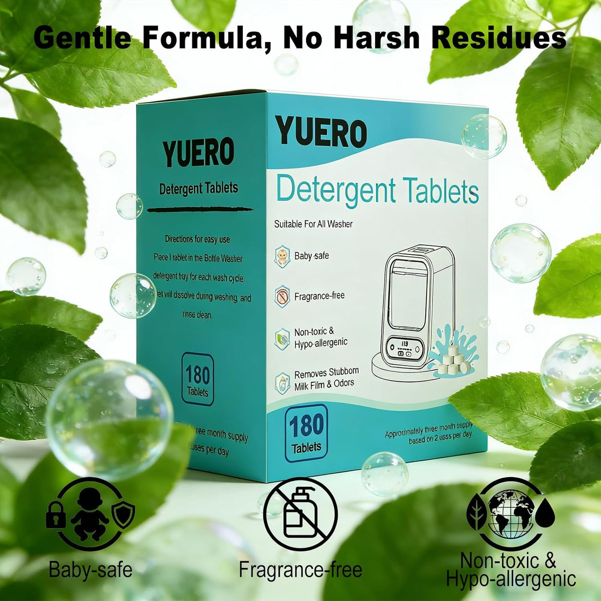 Professional Deep Cleaning Detergent Tablets for All Baby Bottle Washers, Washer Tablets for Bottle Washer and Sterilizer and Dryer, Easy to Use (180Pcs)