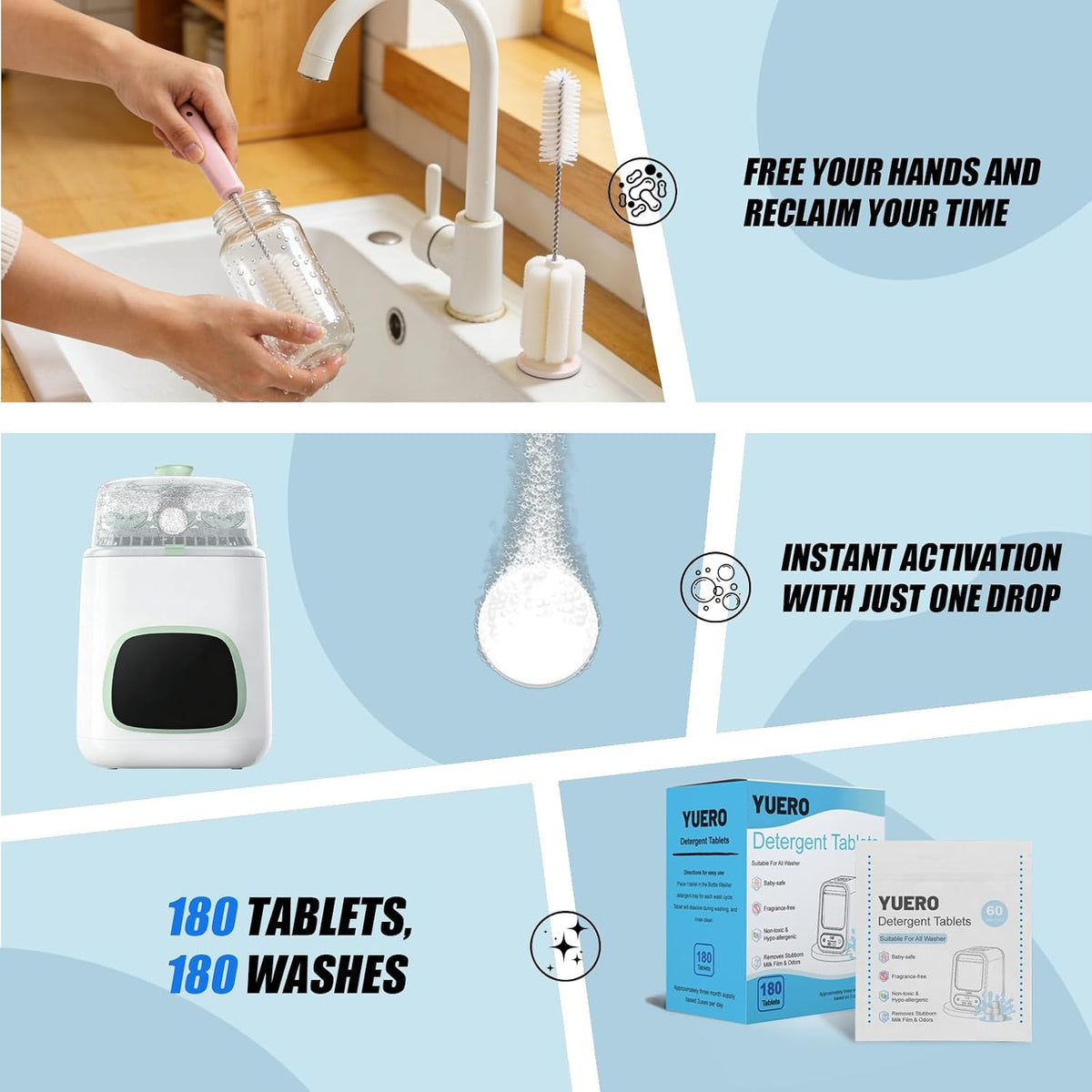 Professional Deep Cleaning Detergent Tablets for All Baby Bottle Washers, Washer Tablets for Bottle Washer and Sterilizer and Dryer, Easy to Use (180Pcs)