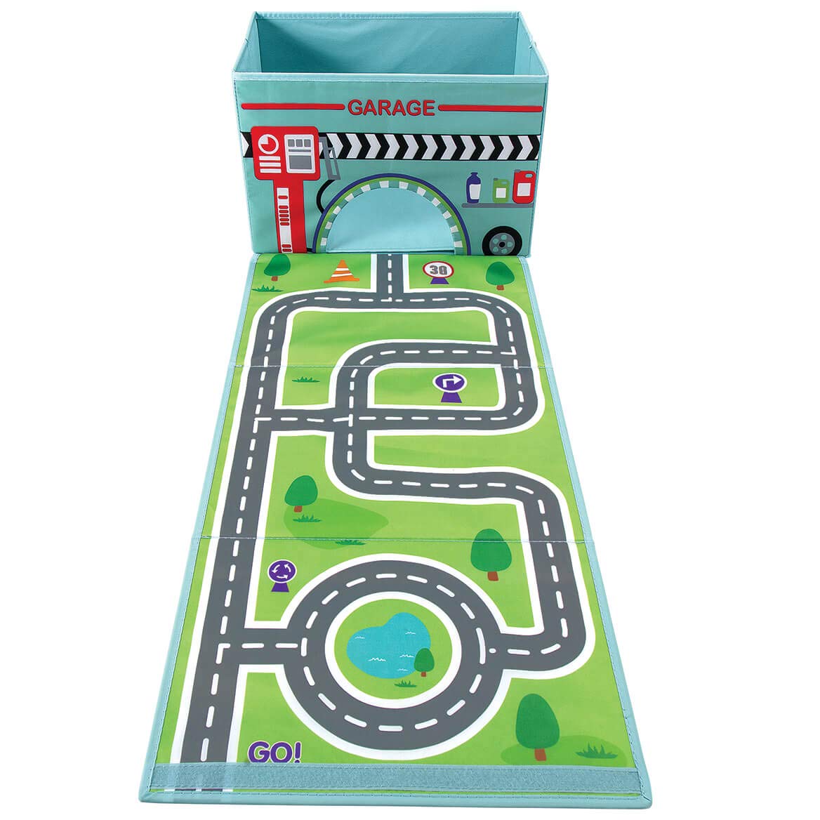 Fox Valley Traders Foldover Toy Box with Play Mat, Blue Garage