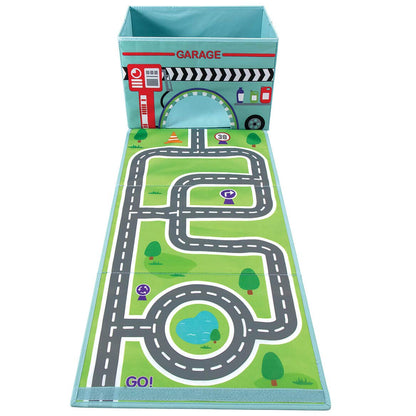 Fox Valley Traders Foldover Toy Box with Play Mat, Blue Garage