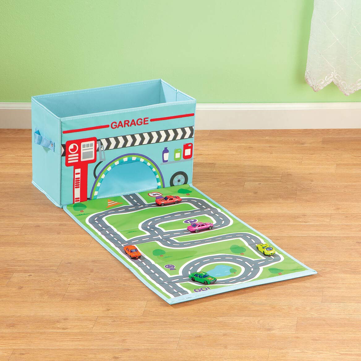 Fox Valley Traders Foldover Toy Box with Play Mat, Blue Garage