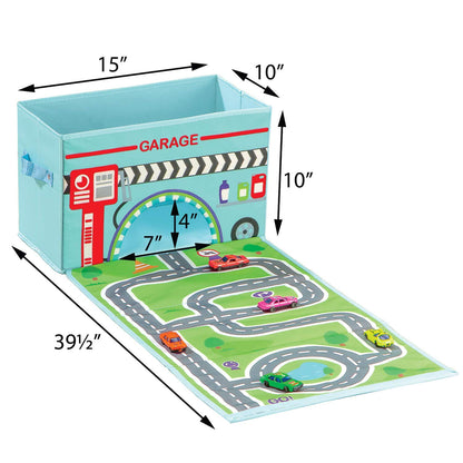 Fox Valley Traders Foldover Toy Box with Play Mat, Blue Garage
