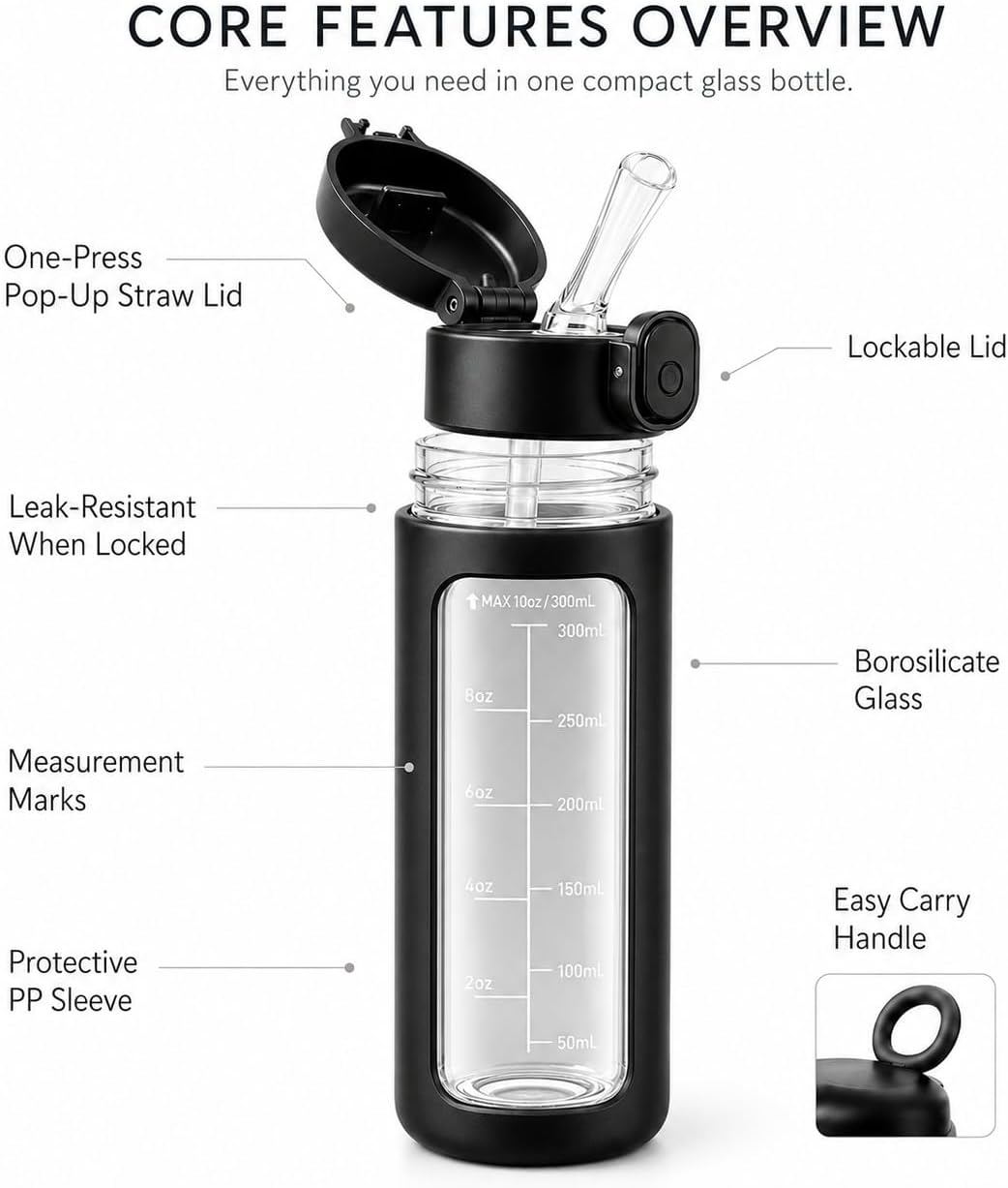 10oz Mini Glass Water Bottle with Straw Lid, Borosilicate Glass Cup with Carry Handle, Lockable Pop-Up Lid, Measurement Marks & Protective Sleeve for Milk, Juice, Water-Pink